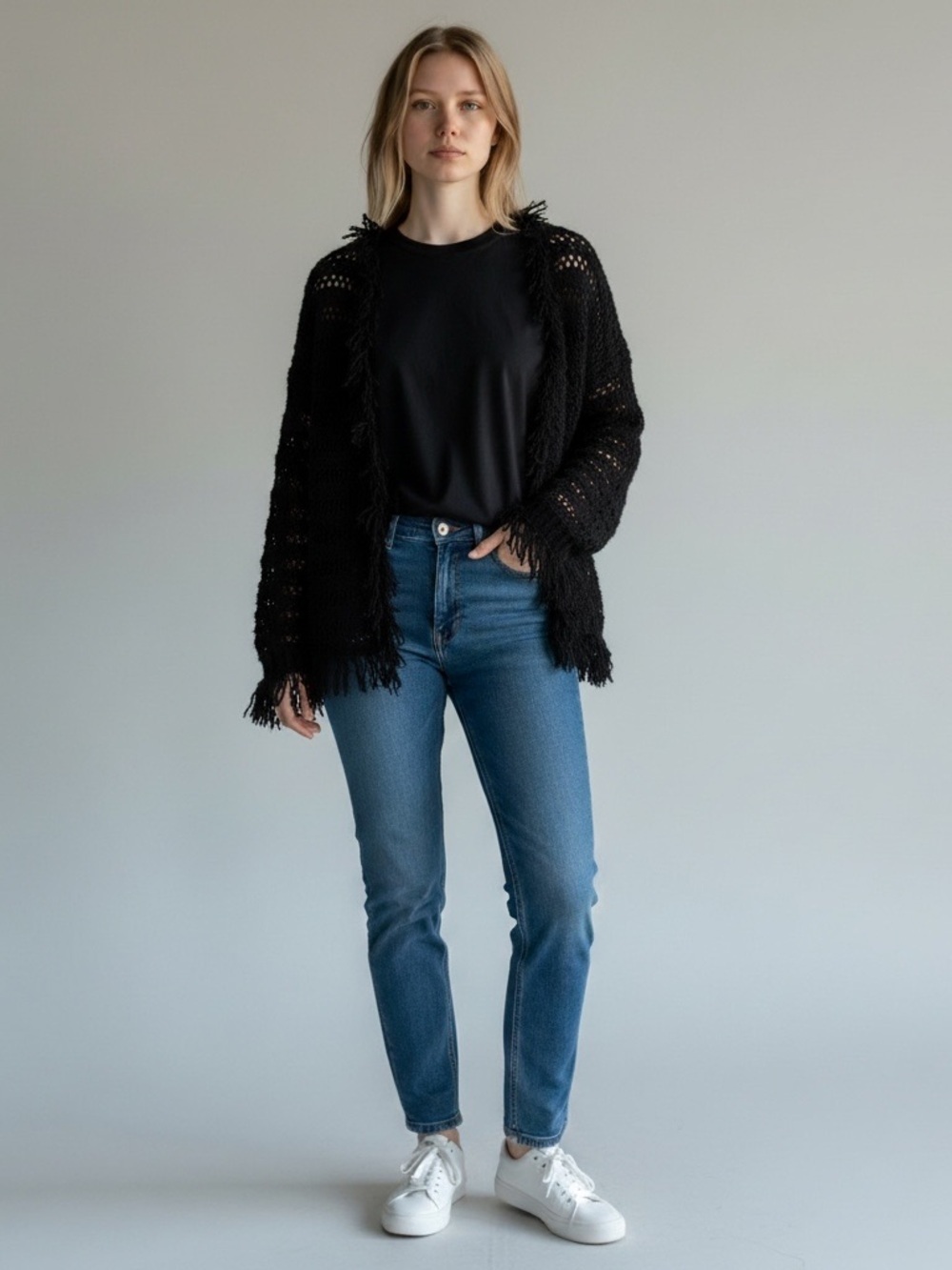 Inhabit Crochet Open Fringe Sweater. Black. Size SP. #698